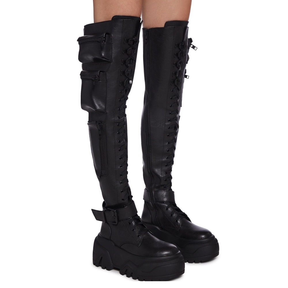 Dollskill Current Mood Obsidian Black vegan Combat Boots Knee High Platform Sz 6